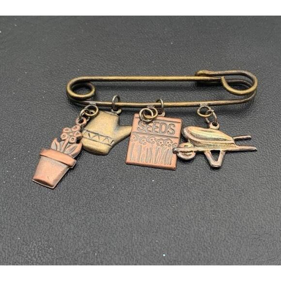 Bronze Tone Lightweight Gardening Themed Safety Pin Charm Brooch - Picture 2 of 3